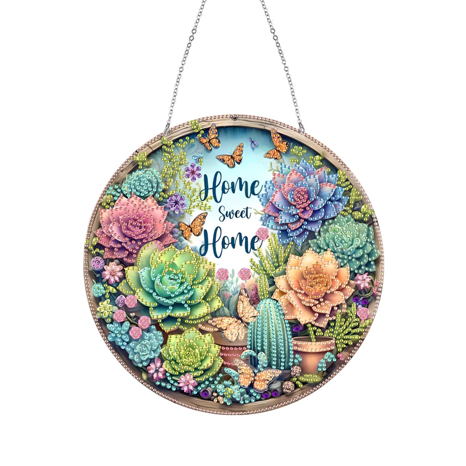 Diamond Art Suncatcher Kits -Crystal Gem Paint by Number Hanging Ornaments for Windows, Garden & Home Decor, DIY Wind Chime Craft for Adults(Sweet Home Succulents)
