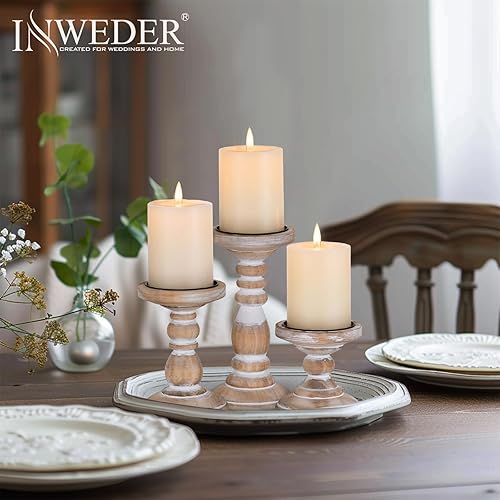 Miniatura 3 de Portavelas de pilar de madera 3 portavelas blanco rústico para velas de pilar, portavelas de madera envejecida, portavelas rústico grande para mesa