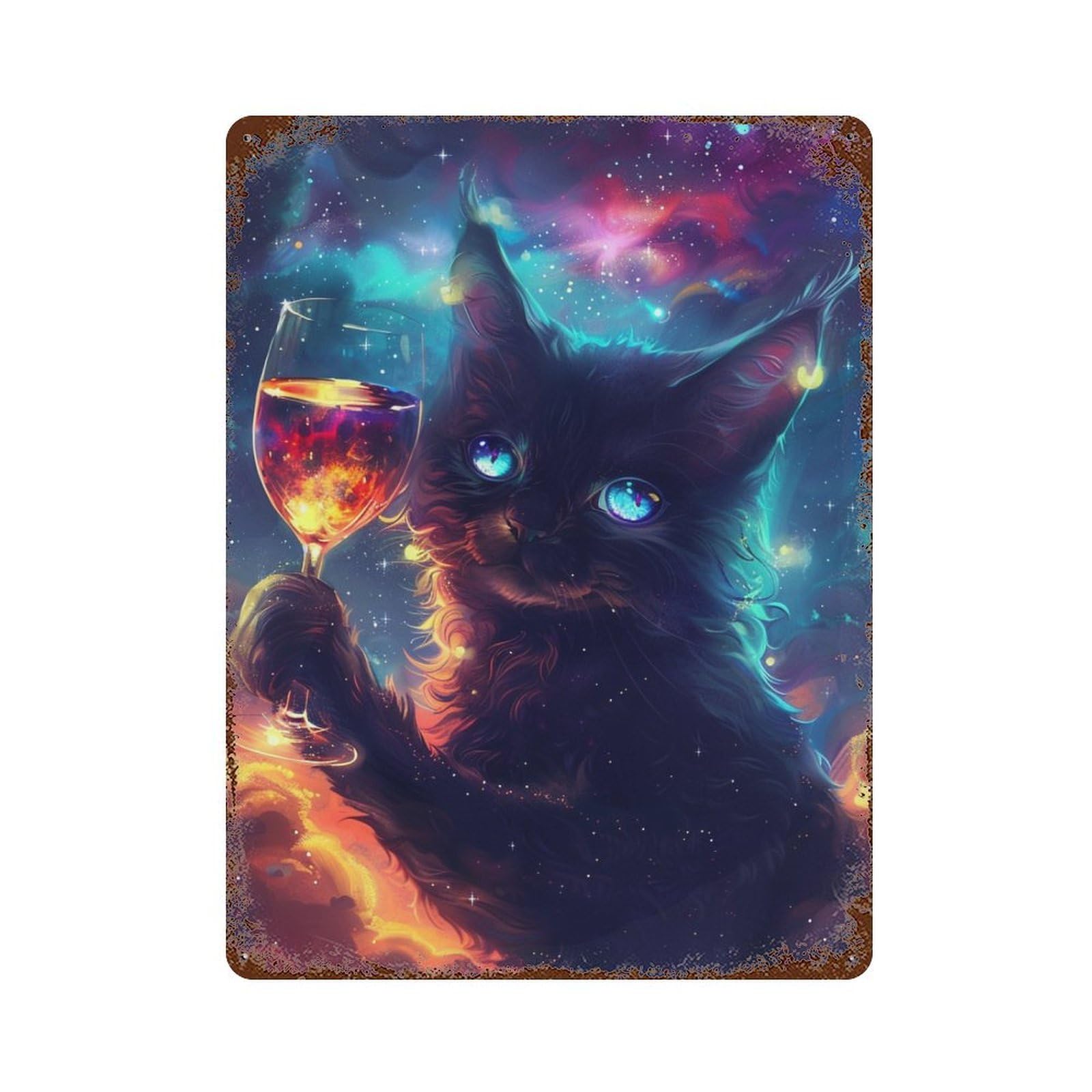 Rust Effect Cosmic Cat with Wine Glass Rusty Metal Tin Sign 15.7"x11.8", Industrial Home Decor for Living Room, Hallway And Home Decor