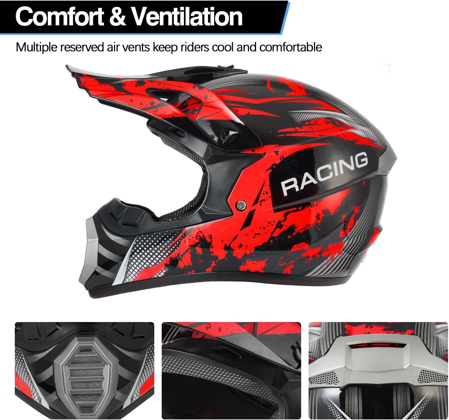 Youth Kids Dirt Bike Helmet Motocross ATV Dirtbike BMX MX Go-Kart 4-Wheeler Quad Offroad Motorcycle Helmet Goggles Gloves Mask DOT Certified
