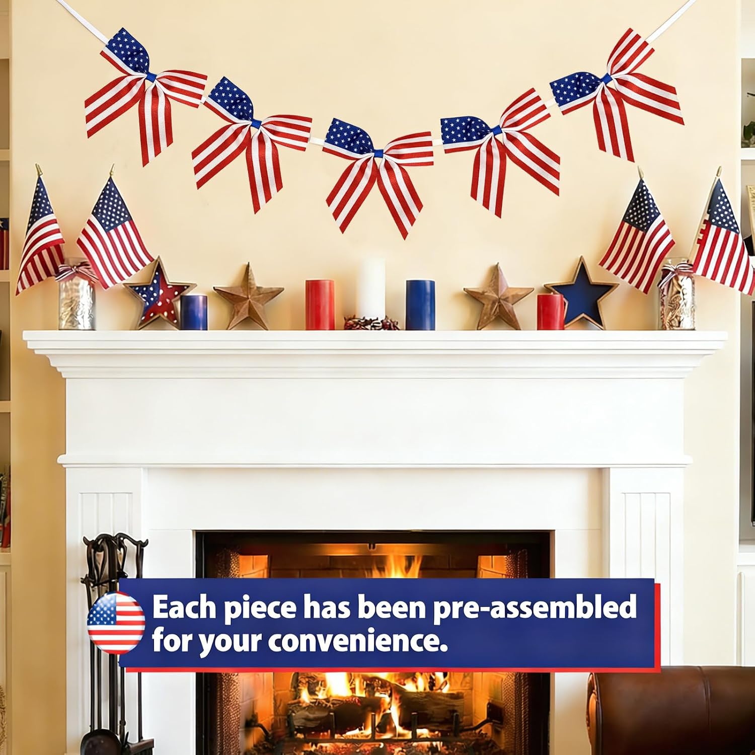 4th of July Decorations 5 Inch Patriotic Wreath Bows Red White Blue Star Stripe Banners 250th Anniversary USA Decor American Flag Independence Day Ribbon for Fireplace Wall Tree Home Party Supplies