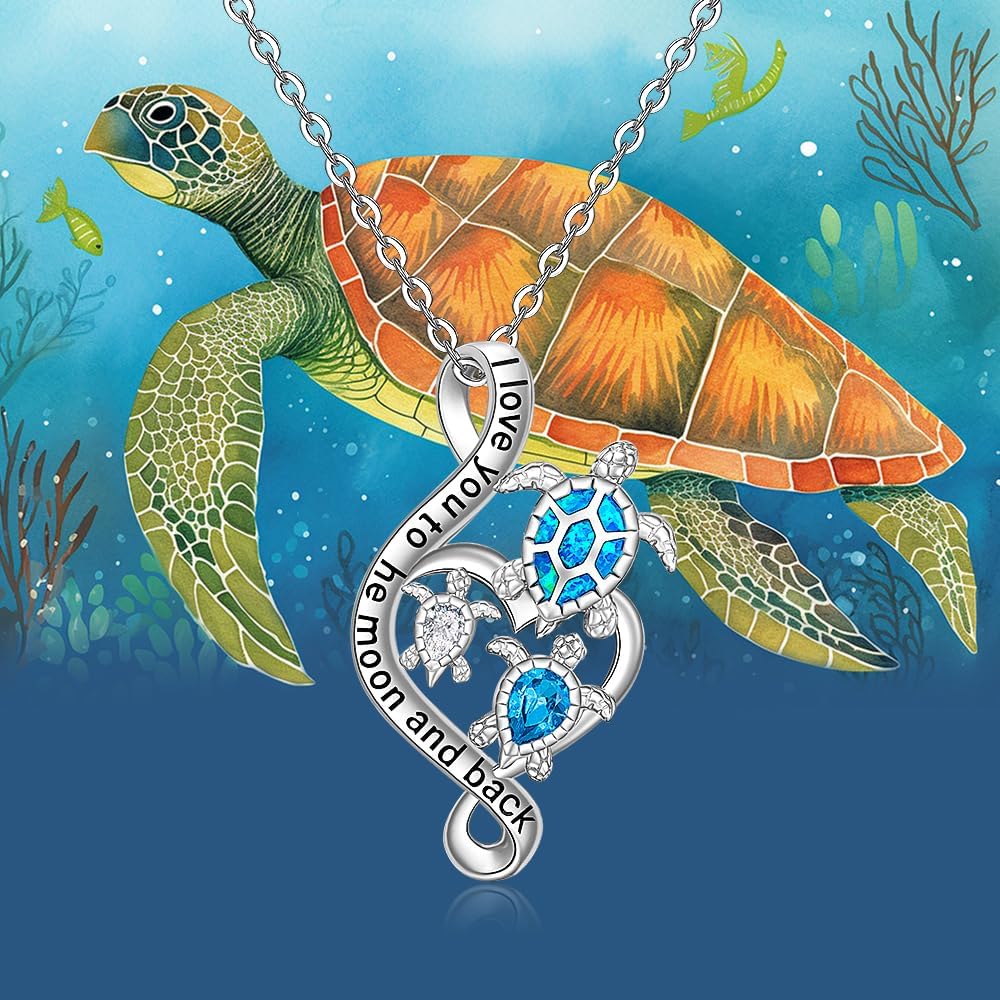 Fenthring Turtle Necklace for Women Sea Turtle Gifts Mom Pendant Blue Opal Topaz Sterling Silver Heart Infinity Mother Daughter Wave Christmas Gifts for Women - Image 4