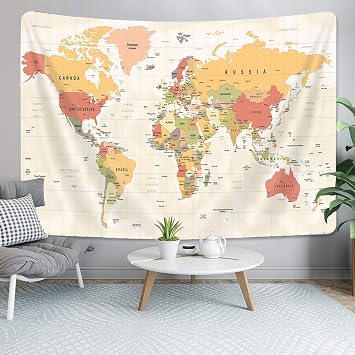 World Map Tapestry, Map of World Vintage Topography Educational Tapestries Posters for College Kids Student Dorm Wall Art, Geographical Travel Map Tapestry for Bedroom Living Room, 71X60in