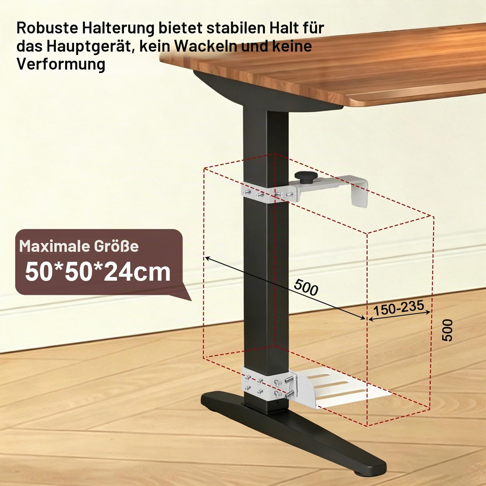 PC Halterung unter Schreibtisch, Verstellbare PC Tischhalterung Ohne Bohren, 20 kg Tragkraft, PC-Tower-Halterung Für Höhenverstellbare Schreibtische, Fits Desk Leg: 65-80mm(D) x 40-50mm(W), Weiß