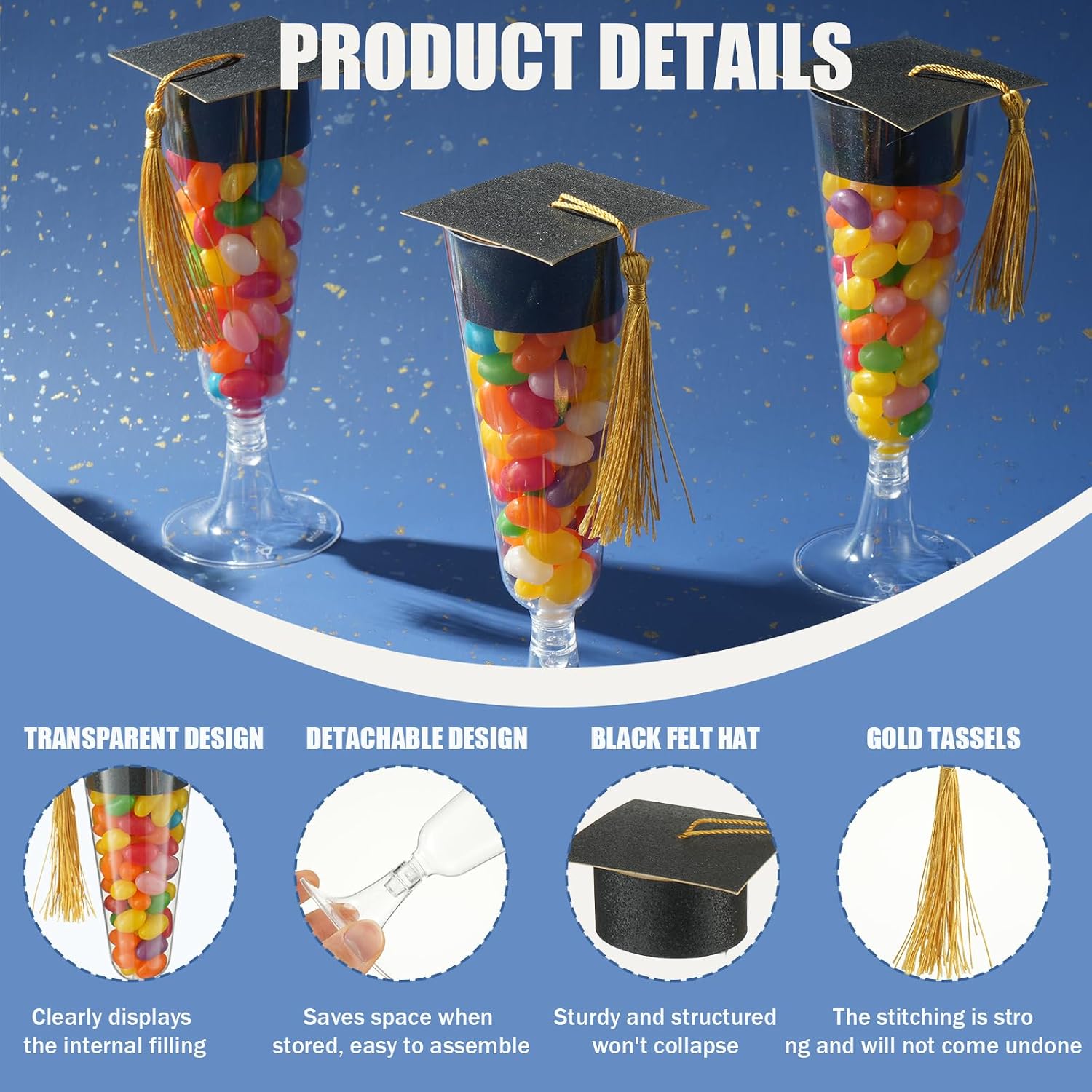 24 Set Graduation Cap Champagne Plastic Flutes, Mini Grad Cap Bottle Toppers Goblet Covers, DIY Graduation Favors for Table Decor (Black)