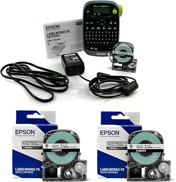 LABELWORKS Epson 3 Forths Fun Bundle - LW-PX300ADPT Label Maker & 3/4 "White and Matte Label Tapes - 218BWPX and 218BTMPX