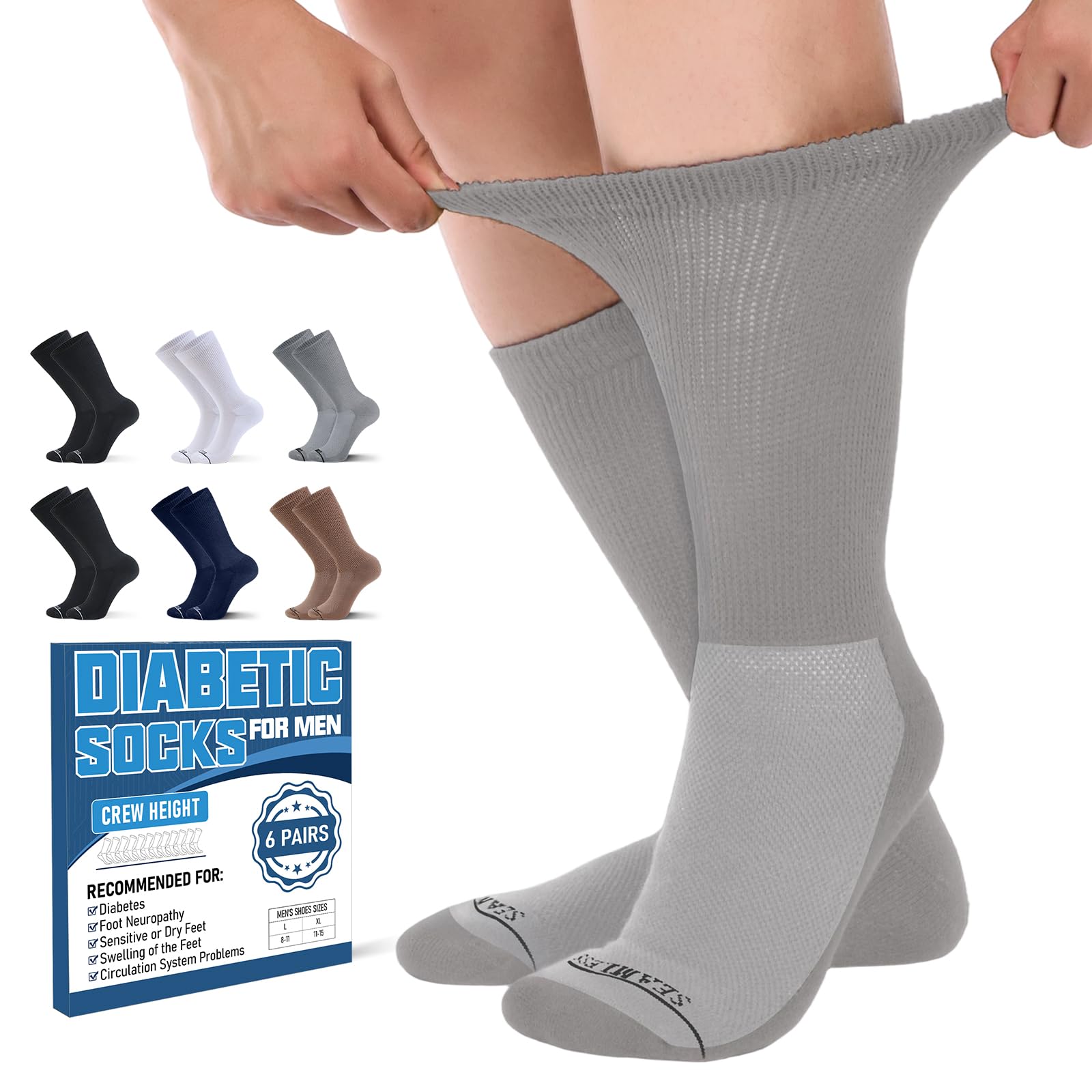 Frelimiu Diabetic Socks for Men,Seamless Crew Socks with Non Binding,Soft Cushioned Sole Sock with Loose Top,Diabetes Sock Men for Neuropathy,lymphedema,Edema,Swollen Feet,6 Pairs 11-15(XL)