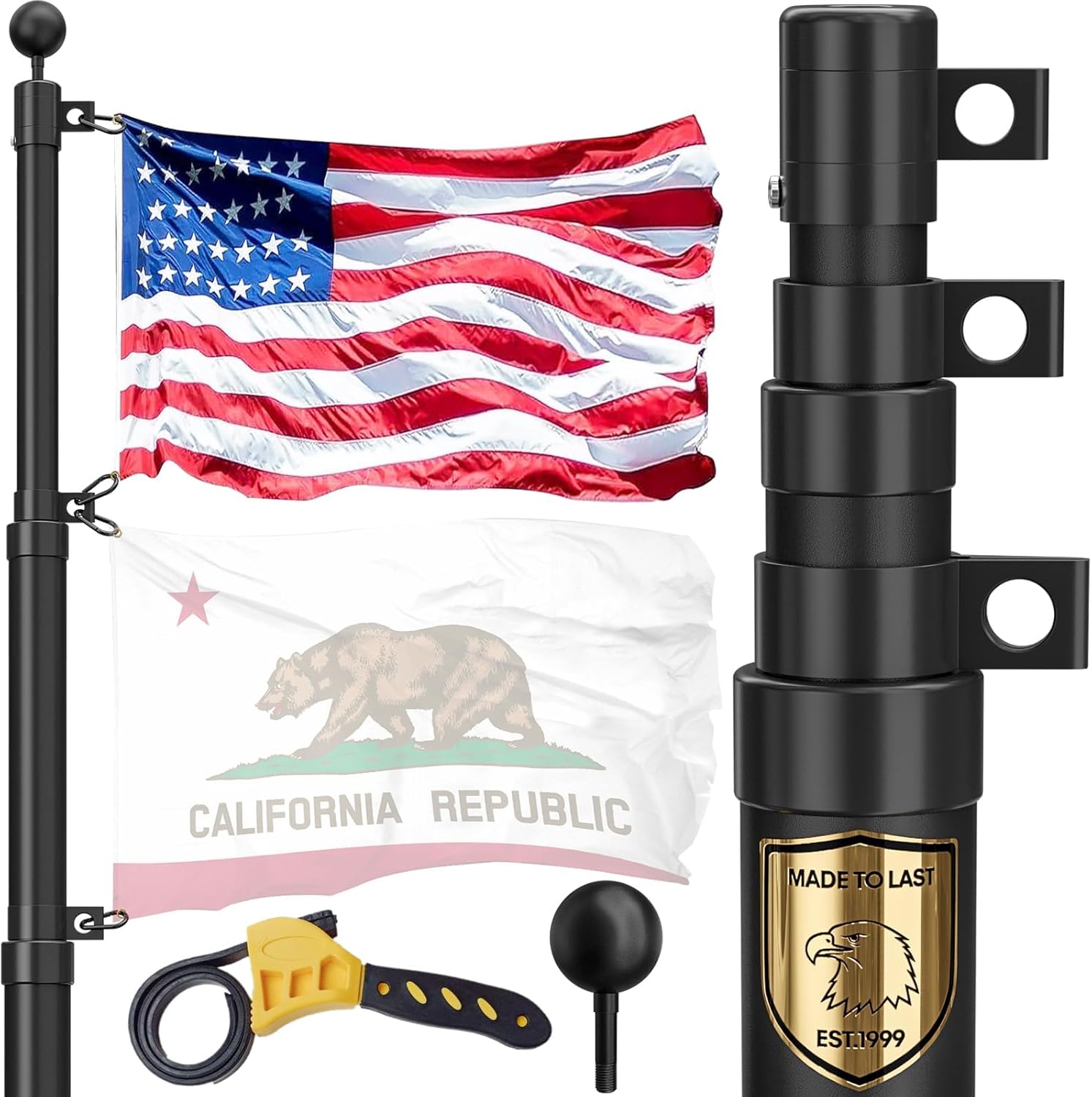 11 Gauge Telescoping Flag Pole for Outside House, 20 FT Heavy Duty 45K PSI & 95 HBW Hard Aerospace Aluminum Flagpole Kit, 120MPH Wind Unbending Telescopic Outdoor In-Ground Flag Poles