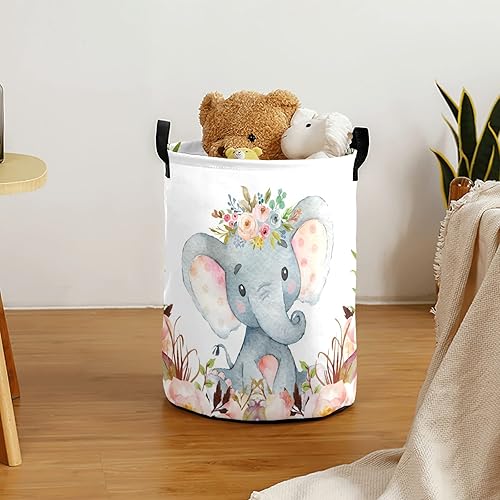 Miniatura 2 de Cestas de lavandería personalizadas con diseño de elefante y flores rosas con nombre, cestas de almacenamiento plegables con asas para playa y