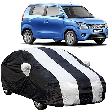 The Autostory 190 Taffeta Water Resistant Car Body Cover Compatible with Maruti Wagonr/Wagon r (2019 Onwards) with Mirror Pockets (White/Navy Blue)