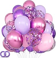 68pcs Pink Purple 12 Inch Latex Balloons Kit with Confetti Metallic & Ribbons - Wedding Birthday Baby Shower Party Decor