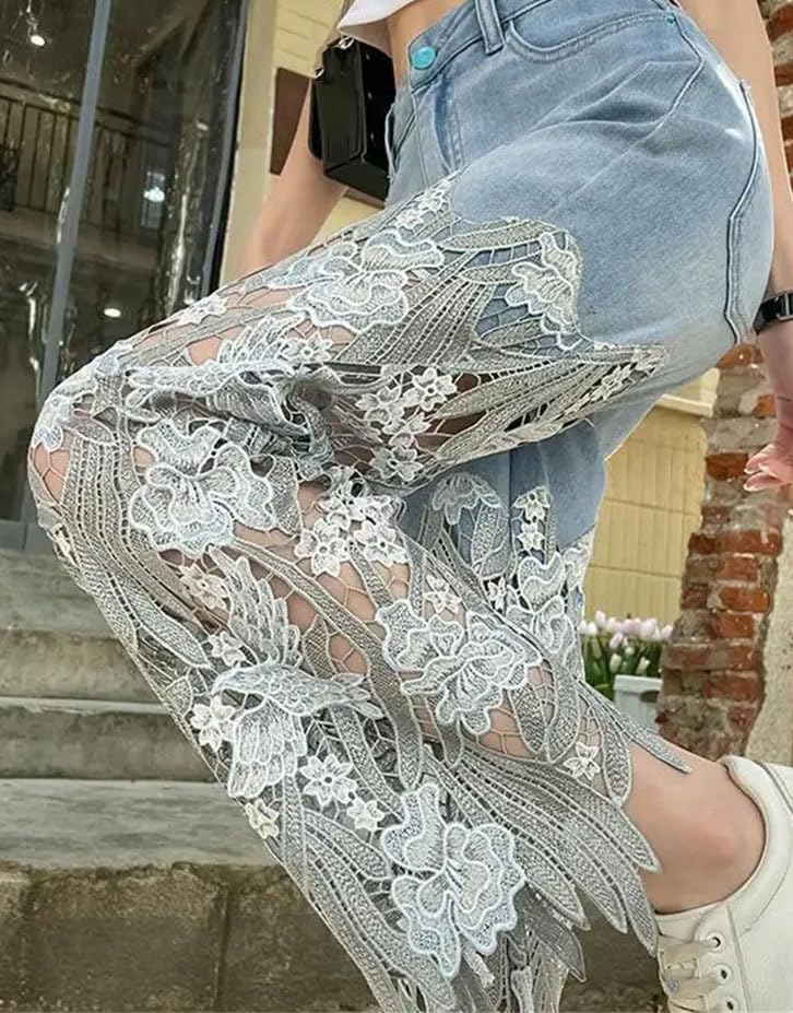 Fashion Lace Patchwork Hollow Out Jeans for Women Summer Casual Loose Straight Denim Pants4