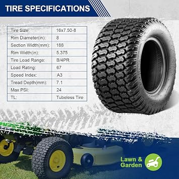 MaxAuto 16x7.50-8 16x7.5x8 Turf Saver Lawn Mower Tire 4PLY, Set of 2