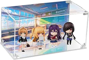 CHILLCASE UV Printed Background Acrylic Display Case with Mirror Base Anime Scene Clear Display Box Stand for Collectible Showcase for Action Figures Models PVC(Classroom,11.8×5.9×5.9 inch