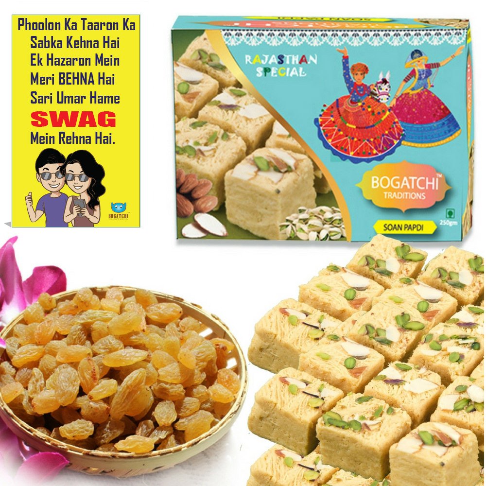 BOGATCHI Rakhi Sweets Gift for Sister, Rajasthani Special Soan Papdi, 250, Raisins, 100g + Free Greeting Card-picture-25