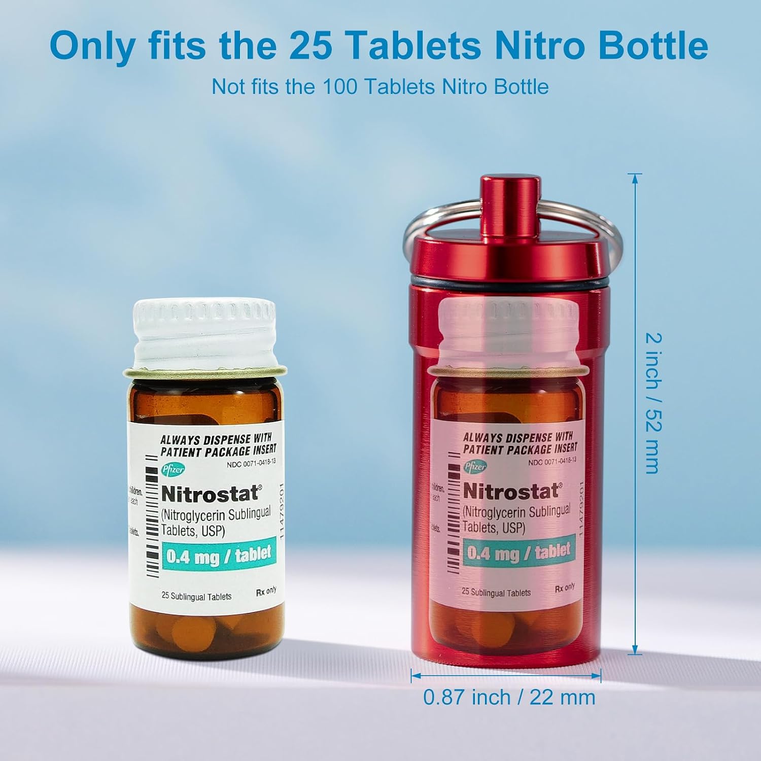 Keychain Pill Holder for Nitroglycerin, 2 Pack Mini Waterproof Portable Travel Purse Pocket Pill Case, Keychain Fob Container for 25ct Nitro/Nitroglycerin Bottle (2pcs-Red + Blue)