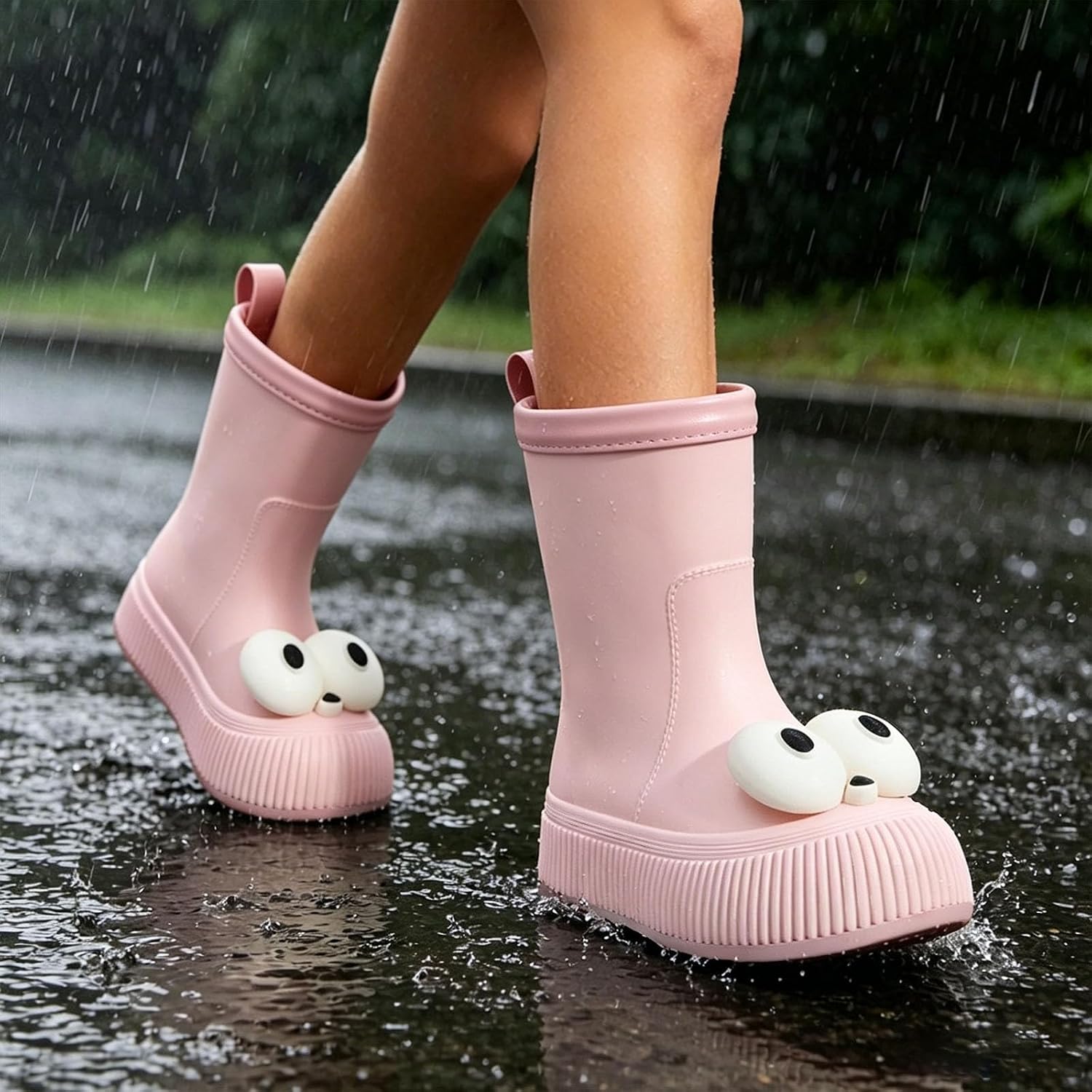 Ladies Cute Big Eyes Mid Calf Rain Boots Waterproof Non Rubber Outdoor Shoes