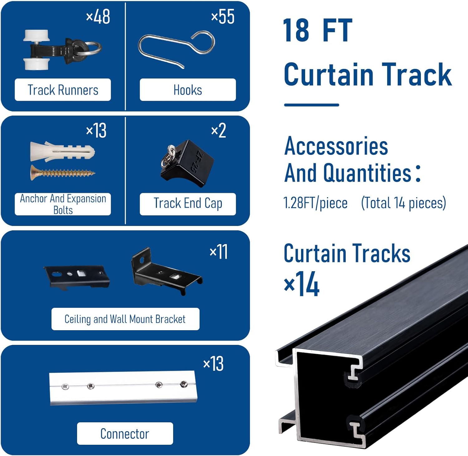 Ceiling Curtain Track or Wall Black 18FT Ceiling Curtain Track System Curtain Rail Room Divider Ceiling Track Set with Hooks Suitable for Living Room Bedroom Bathroom