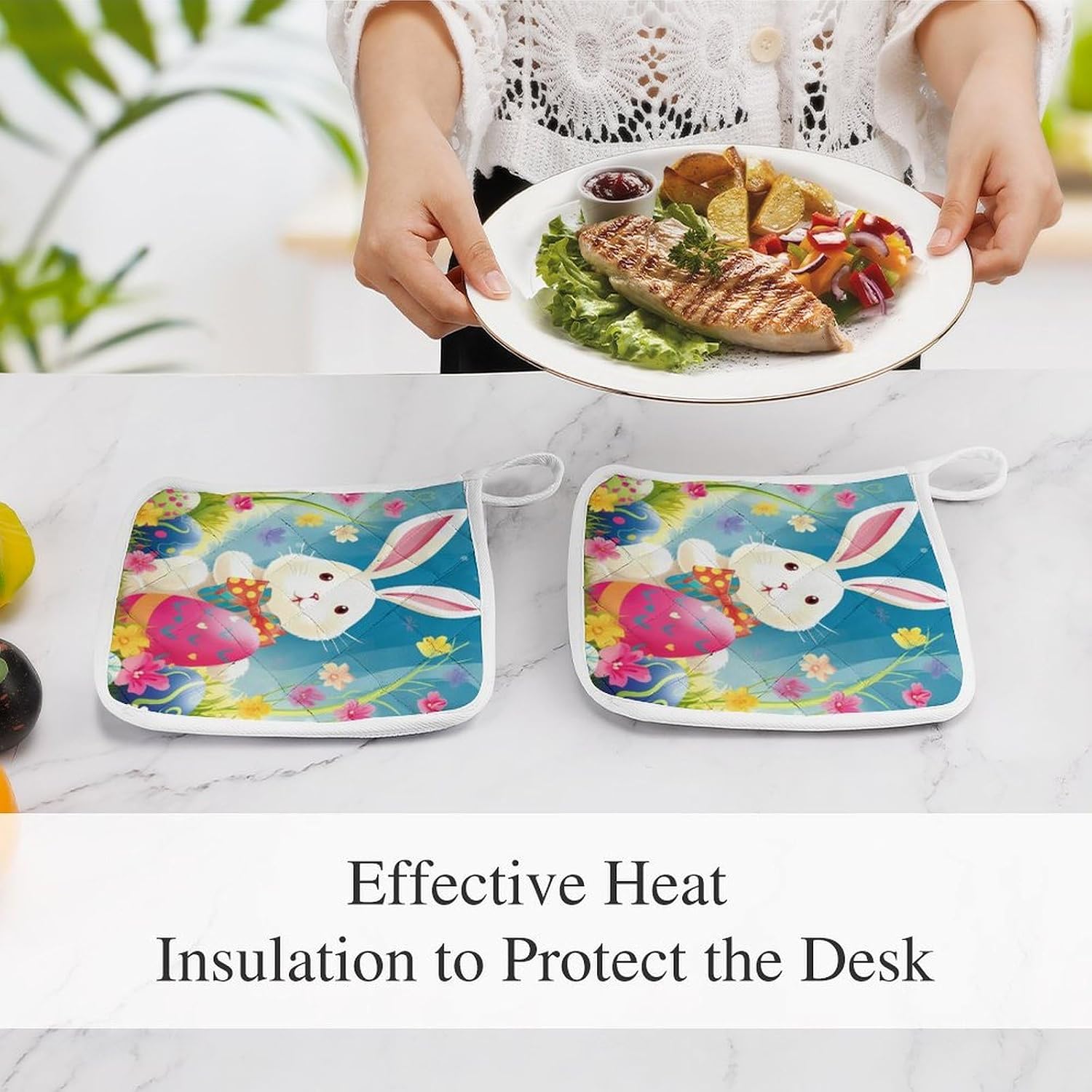 Square Potholders 2-Piece Set,Spring Happy Easter Holiday Printed Kitchen Insulation Mats Heat-Resistant Non-Slip Insulation Mats with Hanging Rings for Kitchen Cooking Baking BBQ