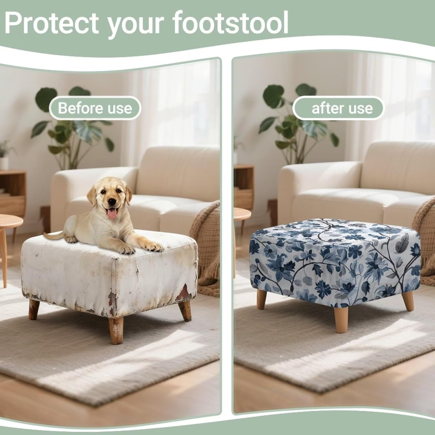 Blue Floral Ottoman Cover Square Non Slip Washable Small Storage Ottoman Footstool Cover 20 inch Square Stretch Foot Stool Slipcover with Elastic Band Soft Furniture Protector, 17-22 Inches