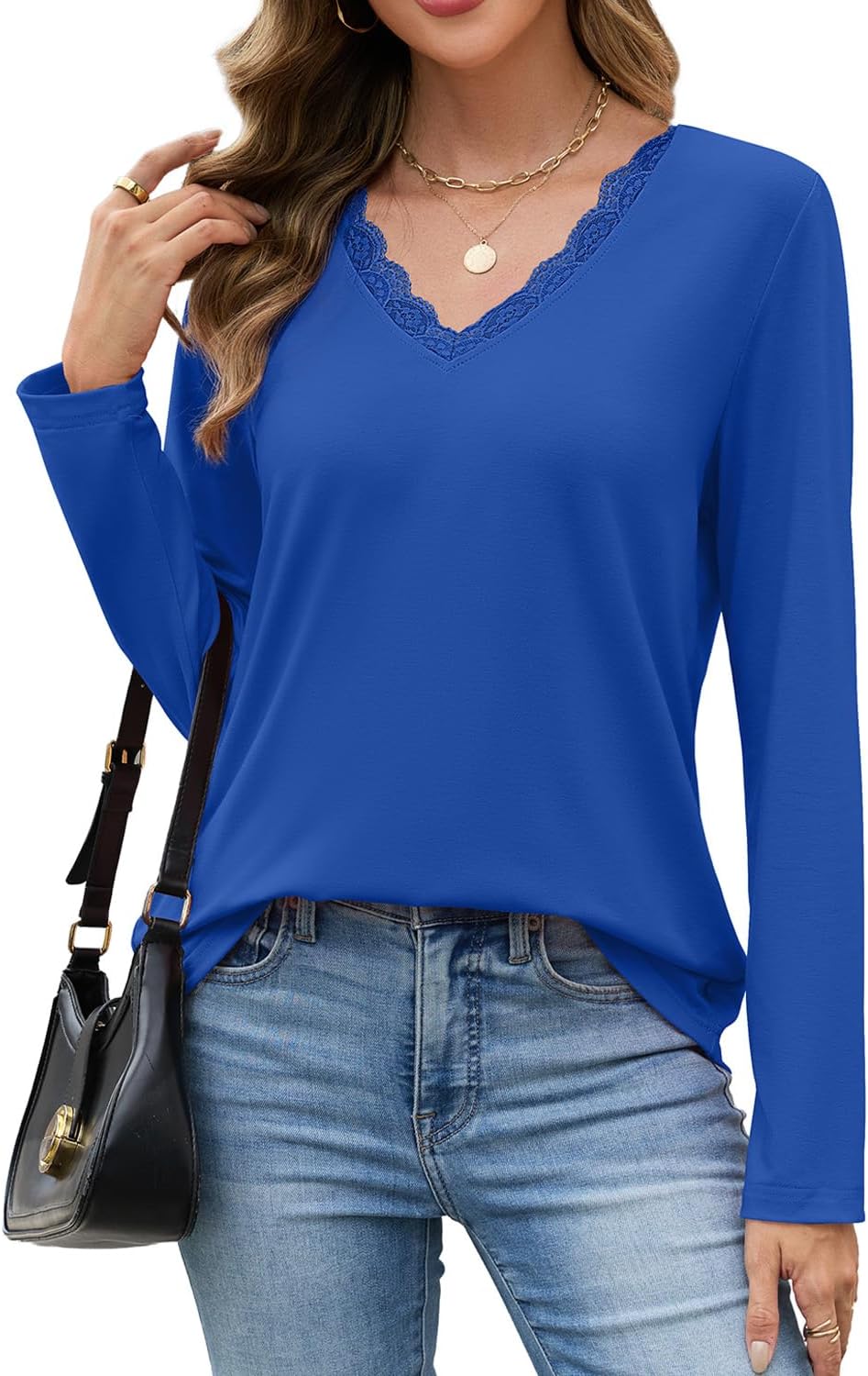 JUSTFASHIONNOW Long Sleeve Shirts for Women Lace V Neck Tunic Tops Dressy Business Casual Blouses Trendy Cute Winter Clothes - Image 2