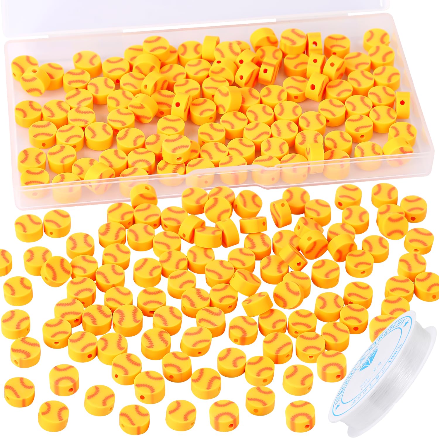Hartop100 Pcs Baseball Beads, Flat Round Polymer Clay Spacer Baseball Beads with Elastic String DIY Baseball Craft for Jewelry Making Bracelets Necklace (Yellow)