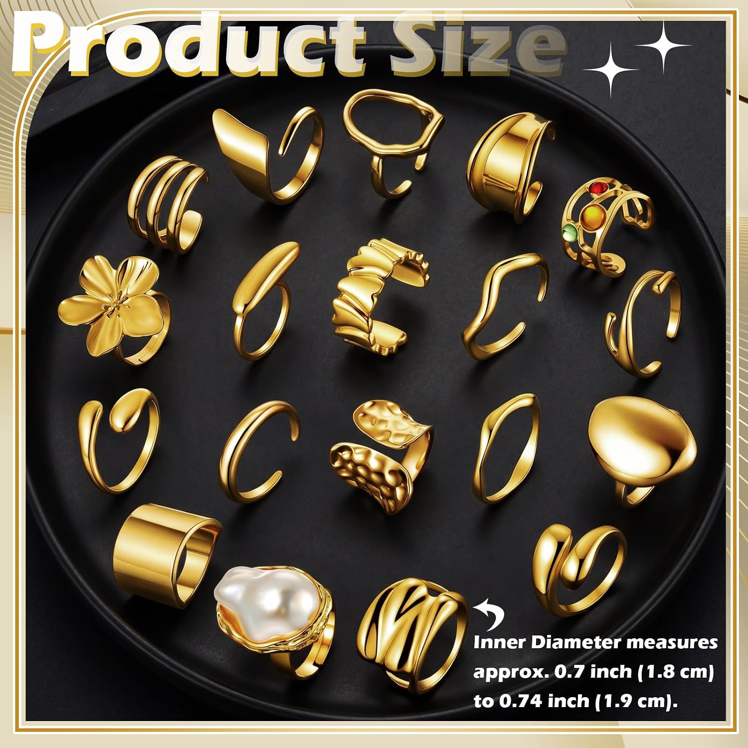 20 Pcs 14k Gold Plated Rings for Women Adjustable Chunky Open Stackable Knuckle Statement Flower Rings Gold Trendy Dainty Jewelry Gift for Summer Wedding Engagement, Size 7-8.5