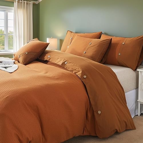Miniatura 2 de FADFAY Juego de funda de edredón color naranja quemado, tamaño Queen, tejido de gofre, funda de edredón con cremallera, reversible, de lujo,