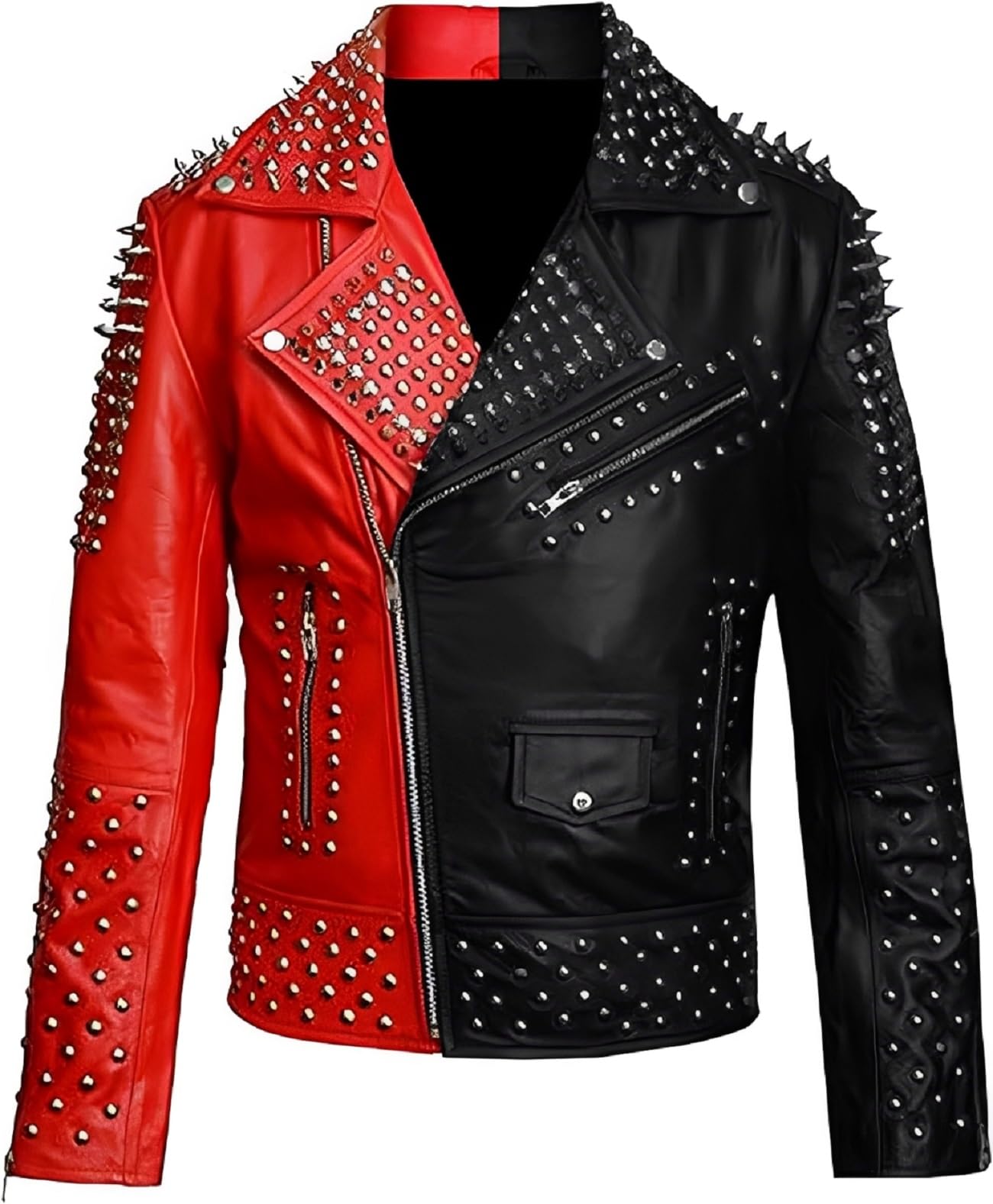 Giacca da motociclista da uomo, in pelle con borchie, in stile rock punk, bicolore