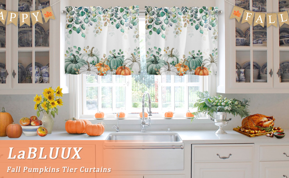 Thanksgiving Kitchen Curtains Set - 2 Panels Fall Maple Leaf & Pumpkin Print, 36"W X 26"L Rod Pocket