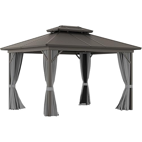 Outsunny 10' x 12' Hardtop Gazebo with Curtains and Netting, Permanent Pavilion Metal Double Roof Gazebo Canopy with Aluminum Frame and Hooks, for Garden, Patio, Backyard, Gray