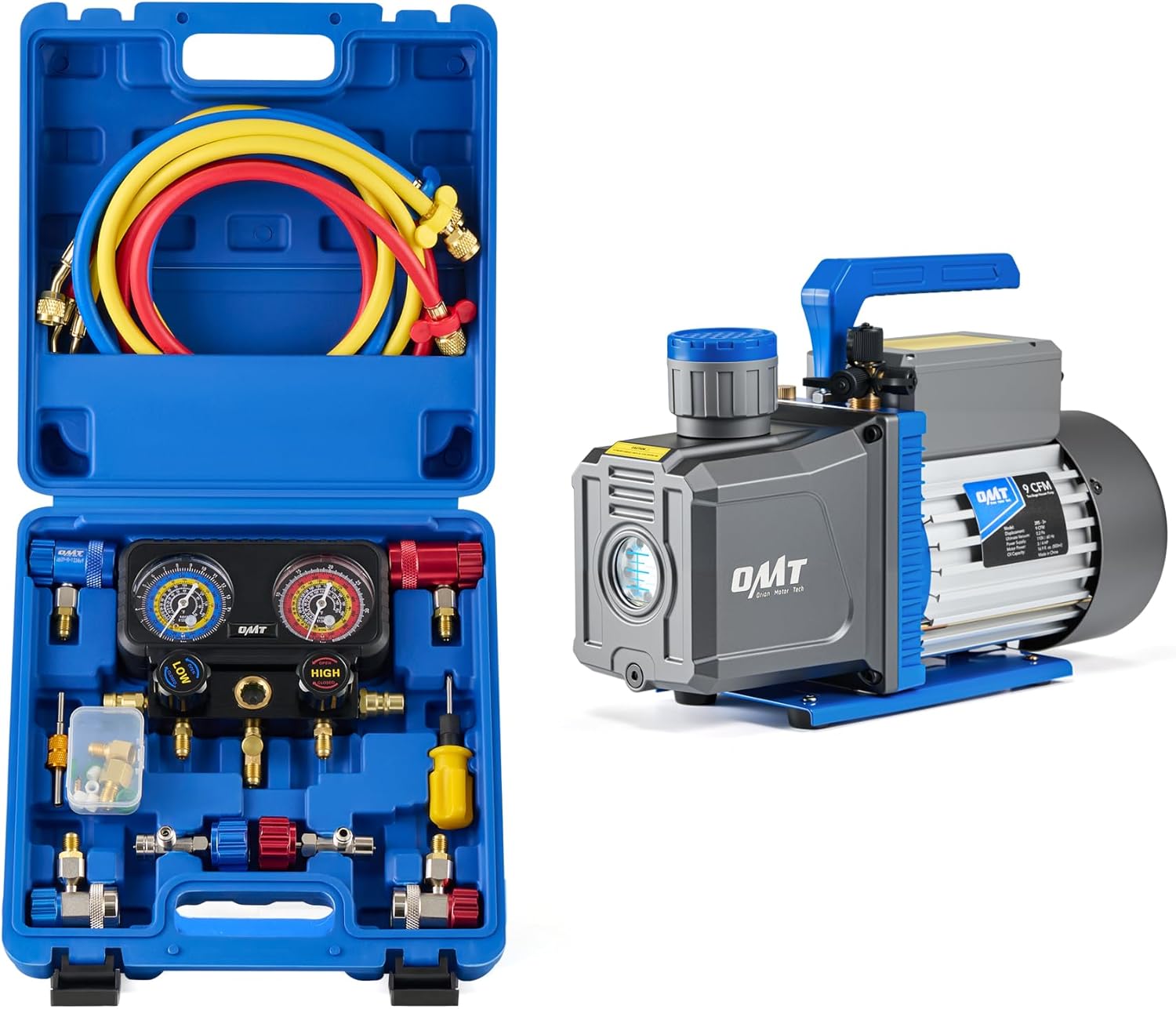 Orion Motor Tech 3 Way Manifold Gauge Set for R1234yf R134a R404a Refrigerant & 2 Stage A2L Vacuum Pump, Bundle