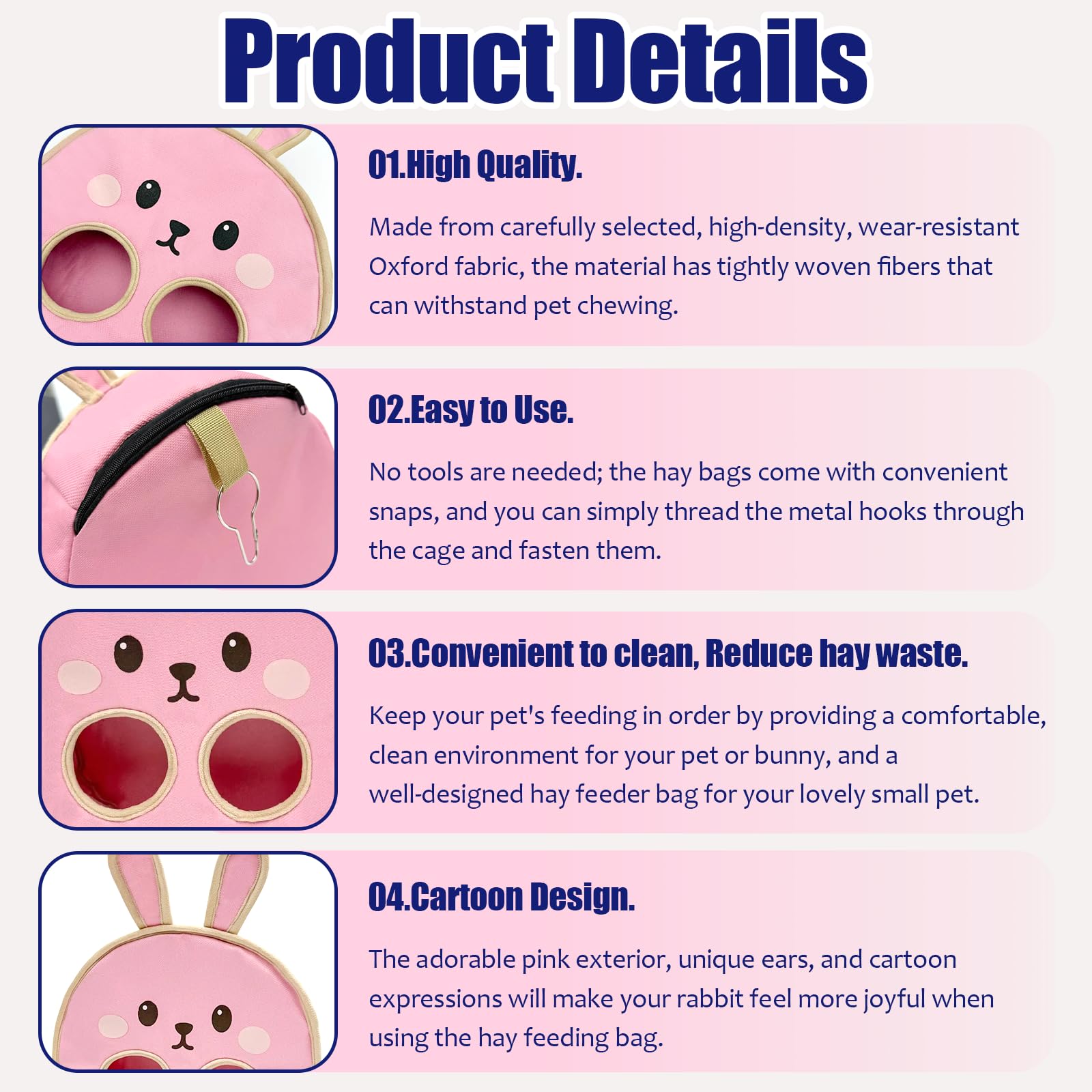 Colemumone Cute Bunny Face Rabbit Hay Feeder Bag, 2 Holes Hanging Hay Holder for Guinea Pig Cage, Durable Oxford Fabric Hay Dispenser for Chinchillas, Hamsters & Small Animals, Pink - image 3