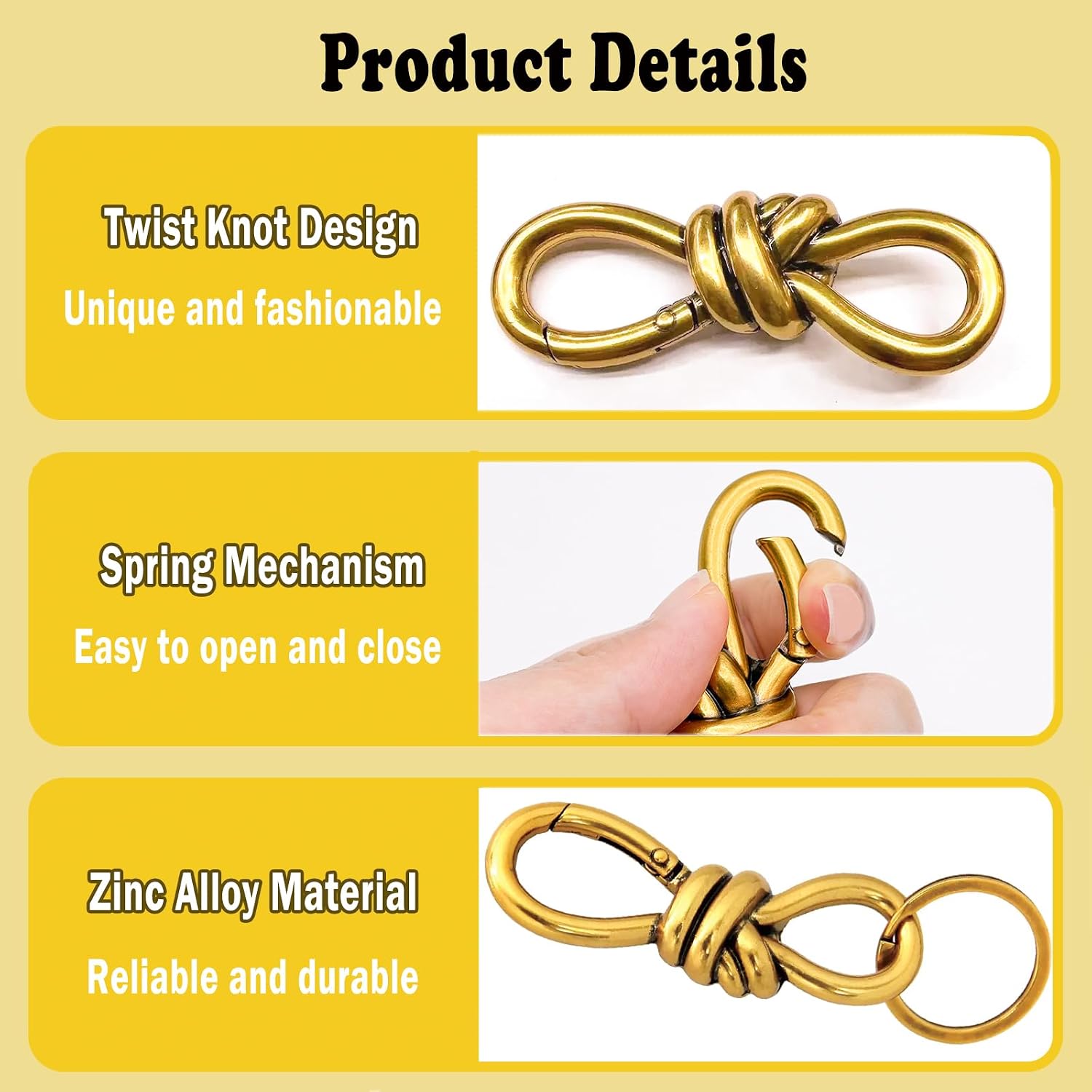 Gold Twist Knot Clasp Bag Charms Keychain, 2Pcs Trendy D-Ring Keychains Purse Charm Heavy Duty Spring Snap Hook image 4