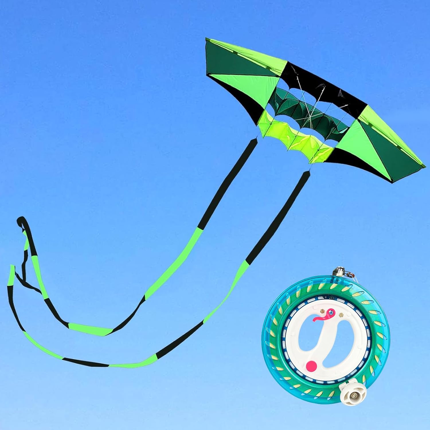 98in Beach Kites for Adults Large with Long Tail& 9in Kite String Reel Winder for Adults with Brake and 1640ft String