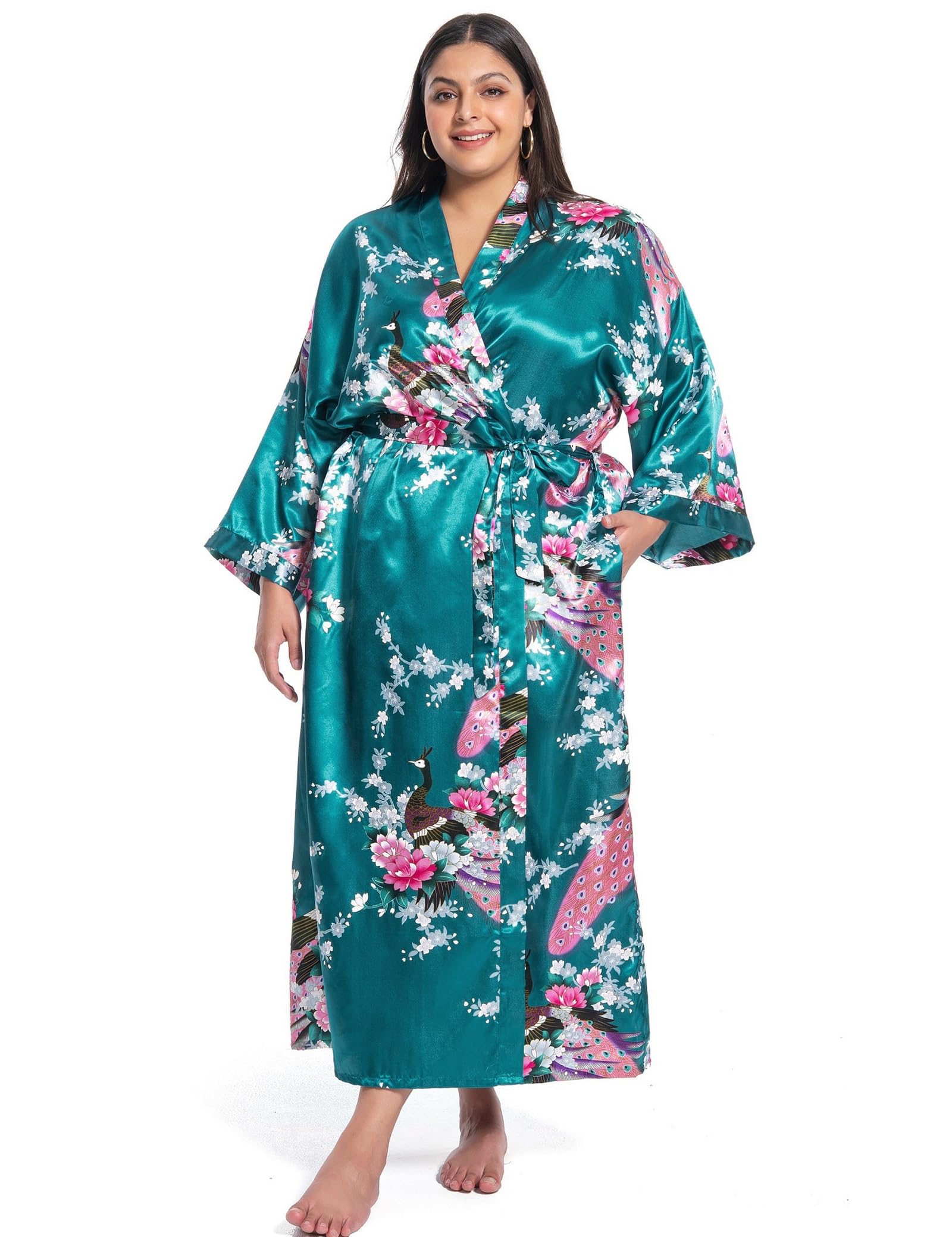 Womens Floral Long Satin Robes Plus Size Long Silk Robes Peacock Floral Kimonos Sleepwear Dressing Gown
