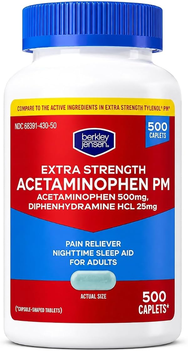 berkley jensen Acetaminofén PM Fuerza Extra Tabletas, 500 unidades | Aliviador de Dolor Nocturno y Ayuda para Dormir, Acción Rápida, No Crea Hábito, Acetaminofén Fuerza Extra y Difenhidramina HCl 25mg