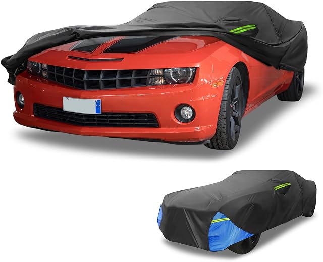 Couverture de voiture imperméable à l'eau Tous les temps 210D, UV Protection contre la pluie solaire, pour Chevrolet Camaro avec fermeture éclair côté gauche, noir & bleu