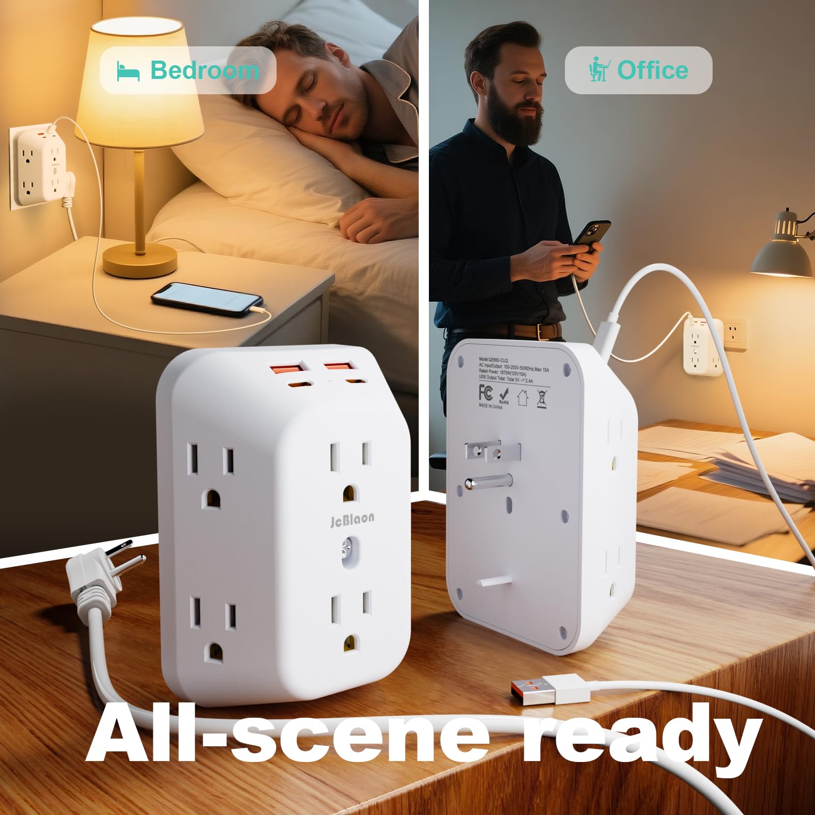 Steckdosenleiste, Überspannungsschutz, 6 Port Verlängerungskabel mit 4 USB Ports (2x USB A, 2x USB C), 4er Pack Power Board, Wandsteckdosenadapter reserviert für Reisen in