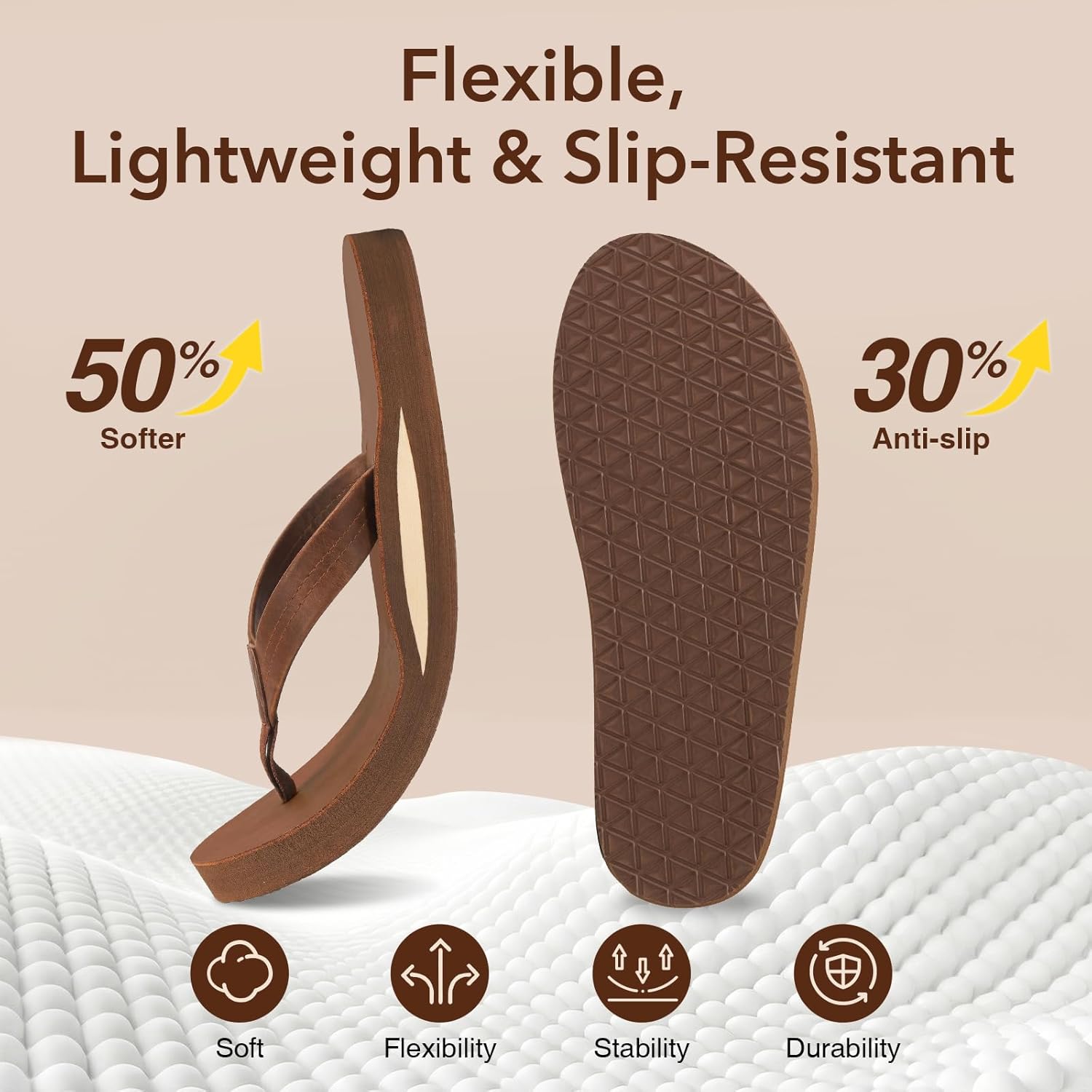 ZURIN Genuine Leather Flip Flops for Men Beach Sandals with Arch Support, Comfortable Summer Beach Thong Sandals Slip On Slippers Soft Cushion Footbed Outdoor
