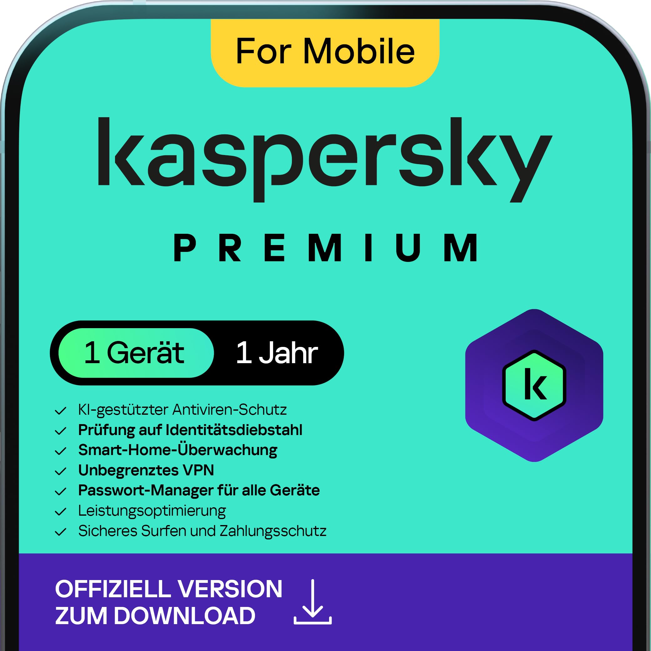 Kaspersky Premium Mobile 2026 | 1 Gerät | 1 Jahr | Virenschutz | Unbegrenztes VPN | Passwort-Manager | Schutz bei Online-Zahlungen | Online-Code | 1 Gerät | 1 Jahr | Aktivierungscode per Email