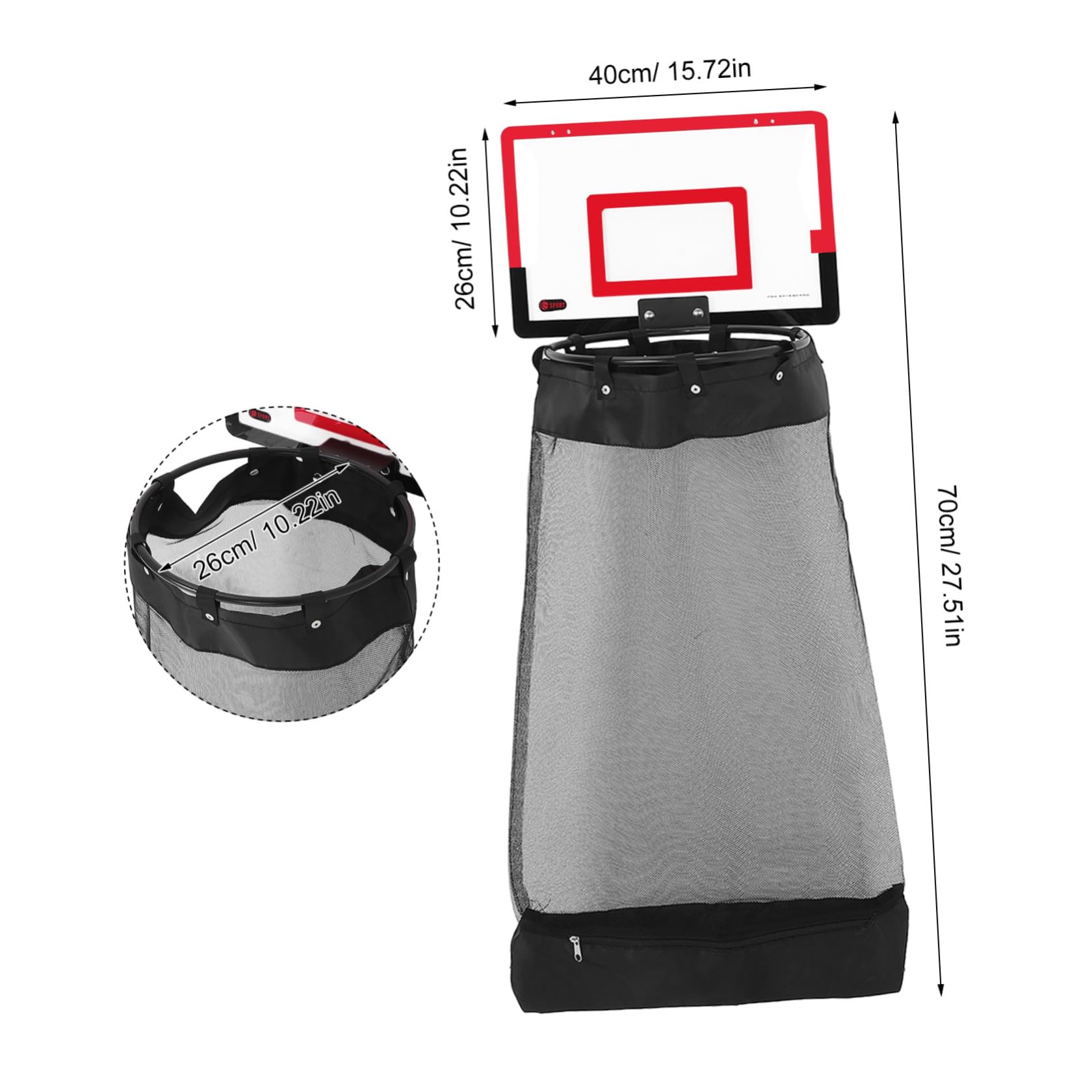 DOITOOL Türhängender Basketball Wäschekorb mit Reißverschluss, Rot | Acryl Rückwand, Universalhaken, 106x40x33cm, Glatte Kanten, für Zuhause und Bad