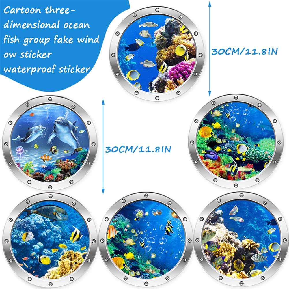 Set de 6 Adhesivos Murales 3D de Criaturas Marinas Cartoon Peces del Océano Stickers de Ventana Falsa Submarina para Habitación Infantil, Adhesivos de PVC Resistentes al Agua