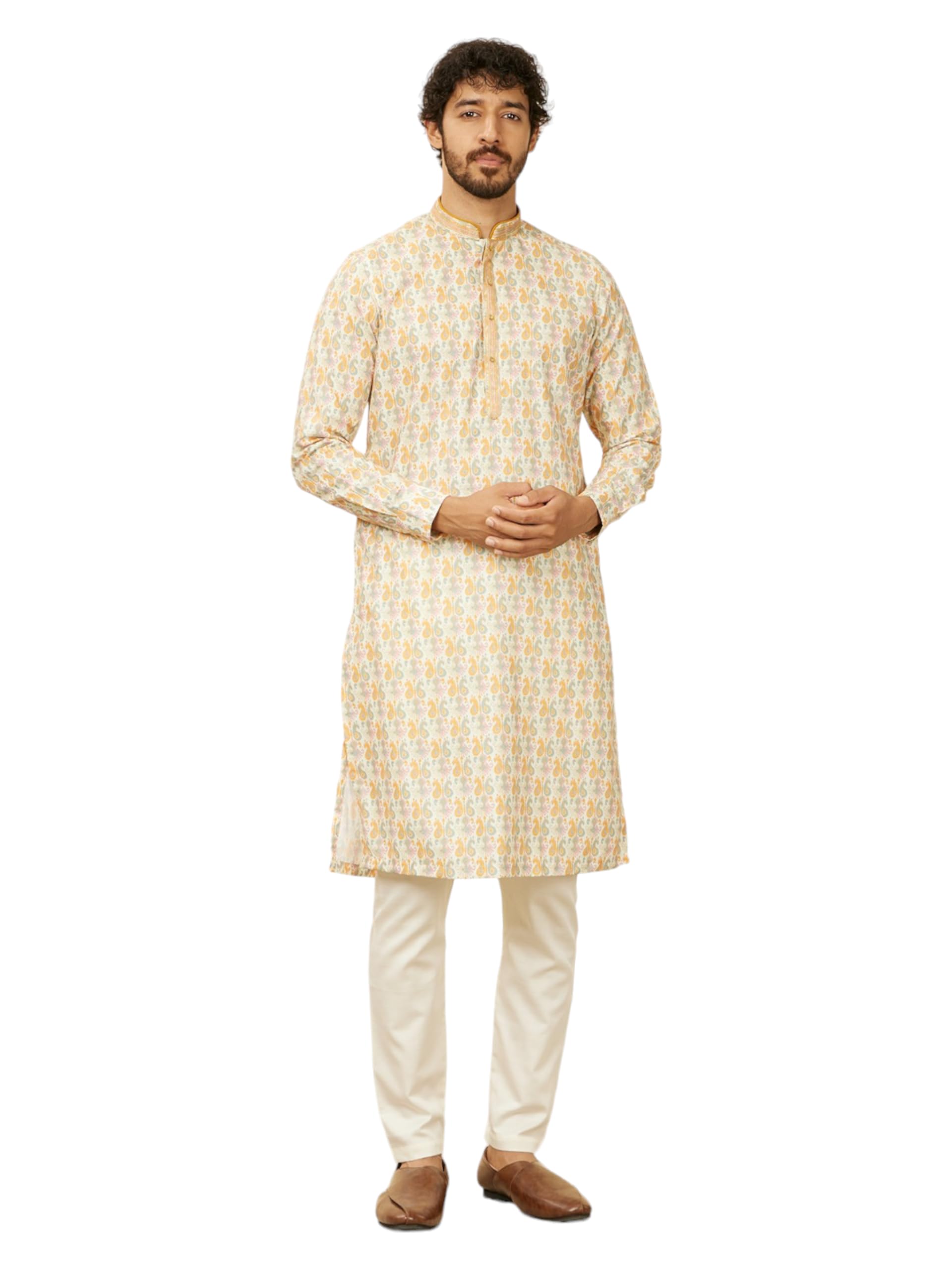 manyavar Men's Cotton Blend Printed Kurta Pyjama Set (2pcs)-picture-31