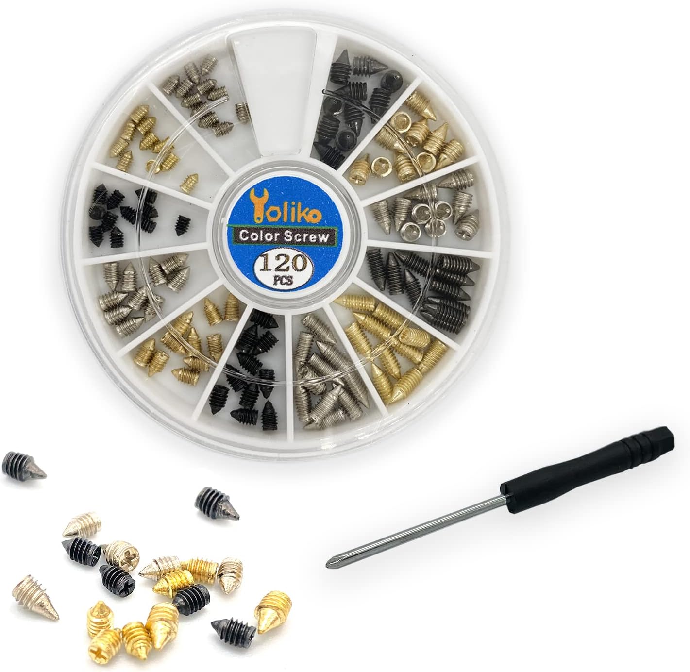 Yoliko 120 Pcs Nickel Plated Tip Screws Pointed Cross Slot Leather Accessories 3 Colors 4 Sizes Belt Screws Include M2x3，M2.5x4，M2.5x6，M3x5 with 2mm Screwdriver for Belt Buckle Wallet Handbag Purse