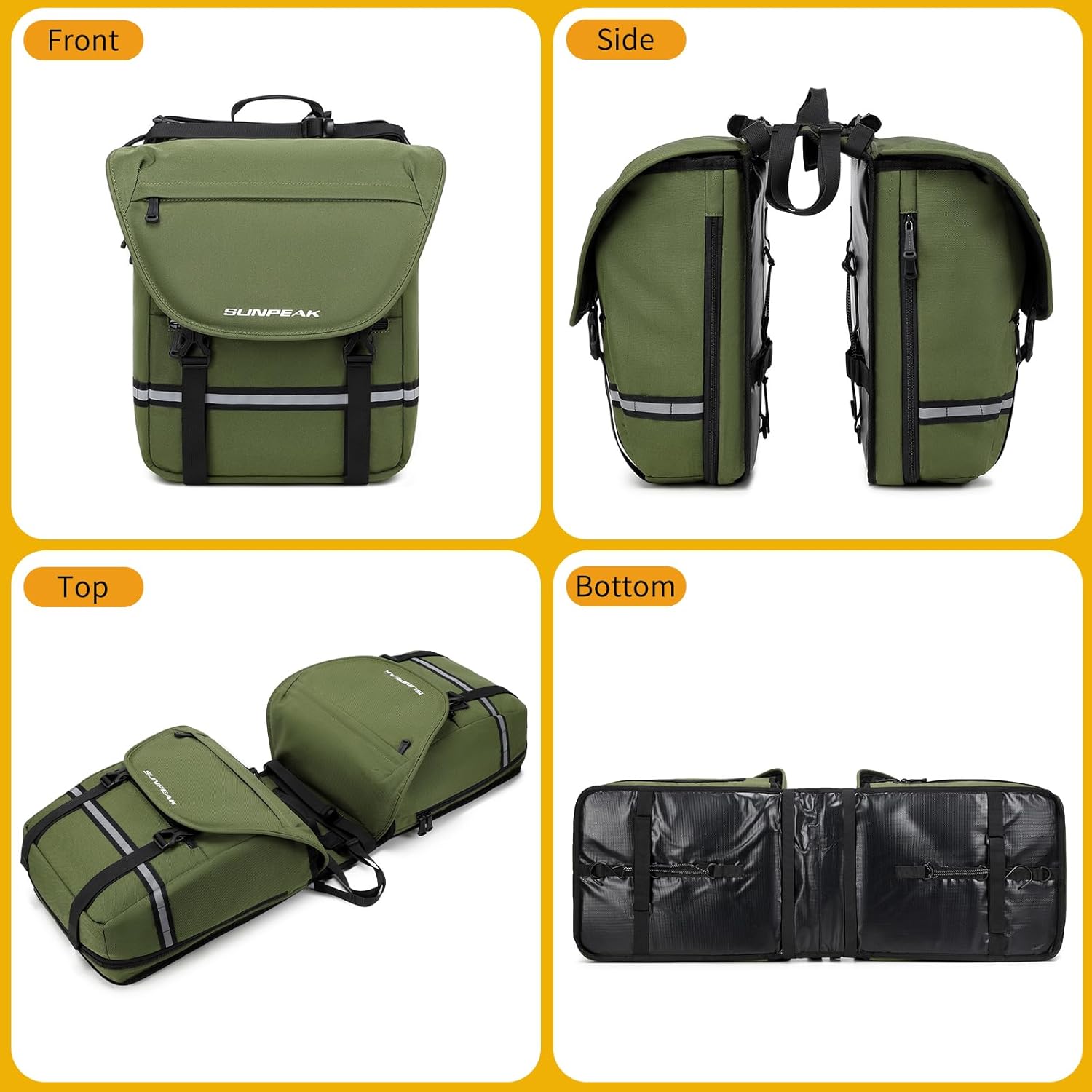 Sunpeak Bike Bag Accessories Panniers for Bicycle Rear Rack Bag 36L Waterproof Mountain Electric Bike Saddle Bag for Cycling Traveling Commuting Green