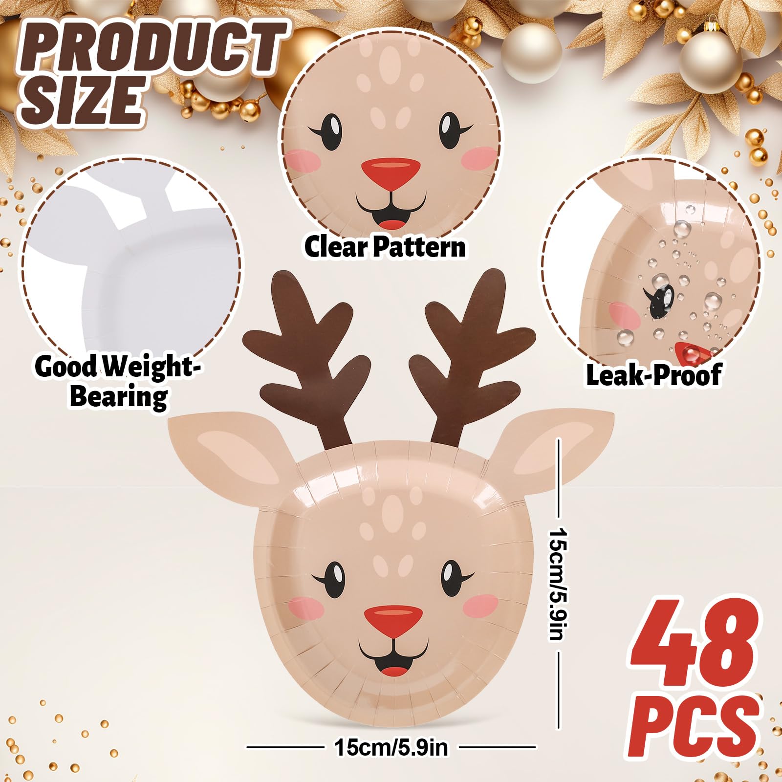 JarThenaAMCS 48 platos de papel de alce de Navidad, divertidos platos desechables de renos de dibujos animados para cumpleaños, invierno, vacaciones, fiestas, suministros de decoración de mesa