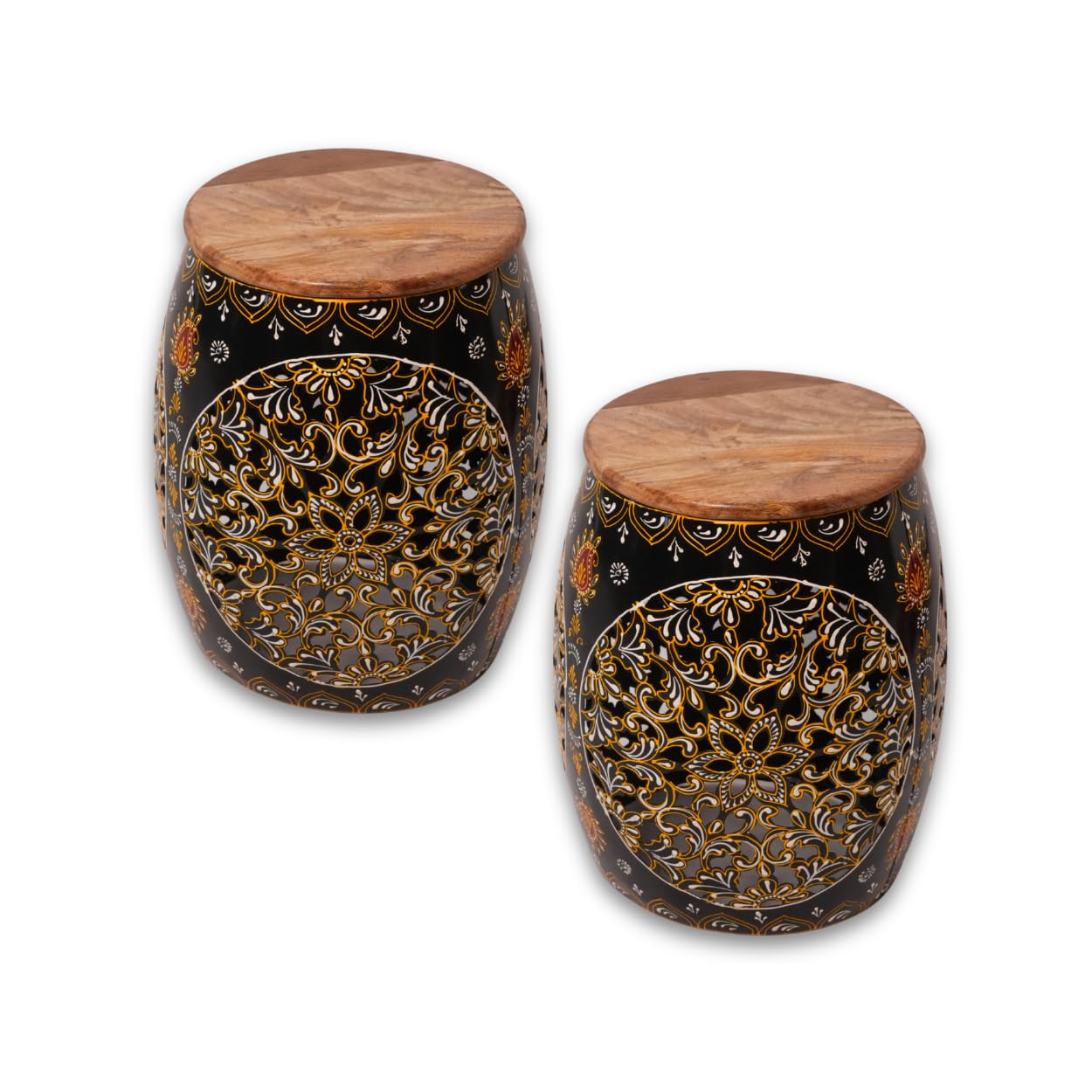 Handmade Metal Stool Set of 2 with Solid Wooden Top, Lightweight & Easy to Move, Black Hand Painted Floral Design, Decorative Indoor Seating for Living Room, Bedroom, Balcony & Cafe (2 Stools)-image-31