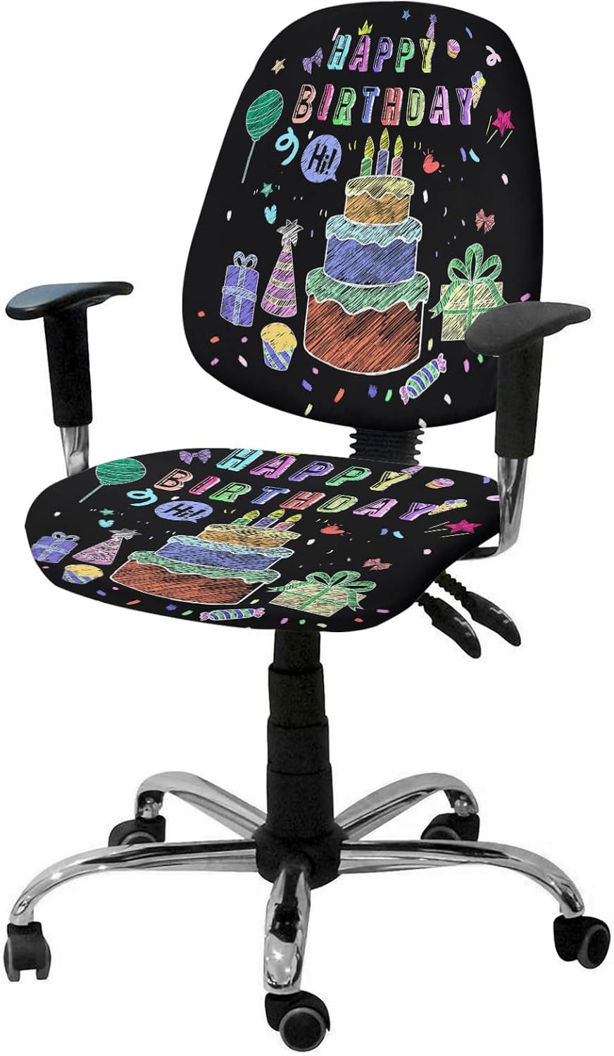 LiDU Happy Birthday Office Chair Cover - Stretch Rotating Computer Chair Seat Back Covers, Birthday Gifts Cake Balloons Black Desk Chair Covers Stretchable Office Chair Slipcovers Protectors