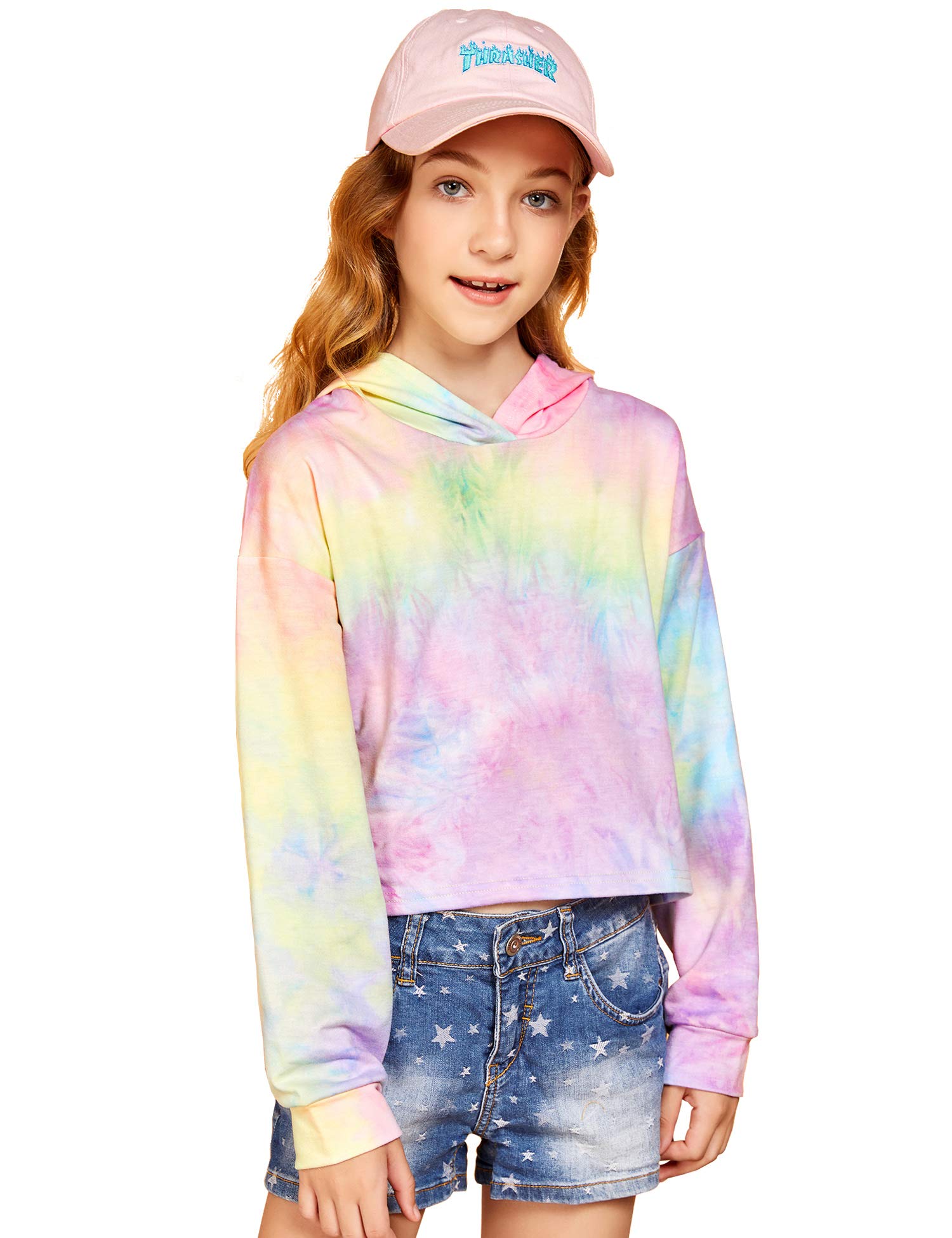 Girls Crop Tops Tie-Dye Hoodies Kids Long Sleeve Pullover Sweatshirts